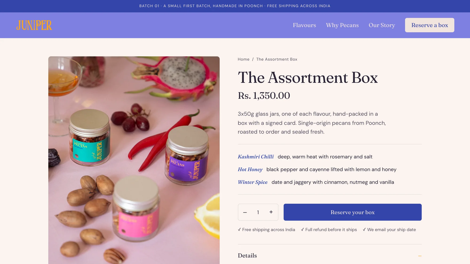 The product page for The Assortment Box: a photo of three jars, the three flavours with a line on each, a quantity picker and a Reserve your box button