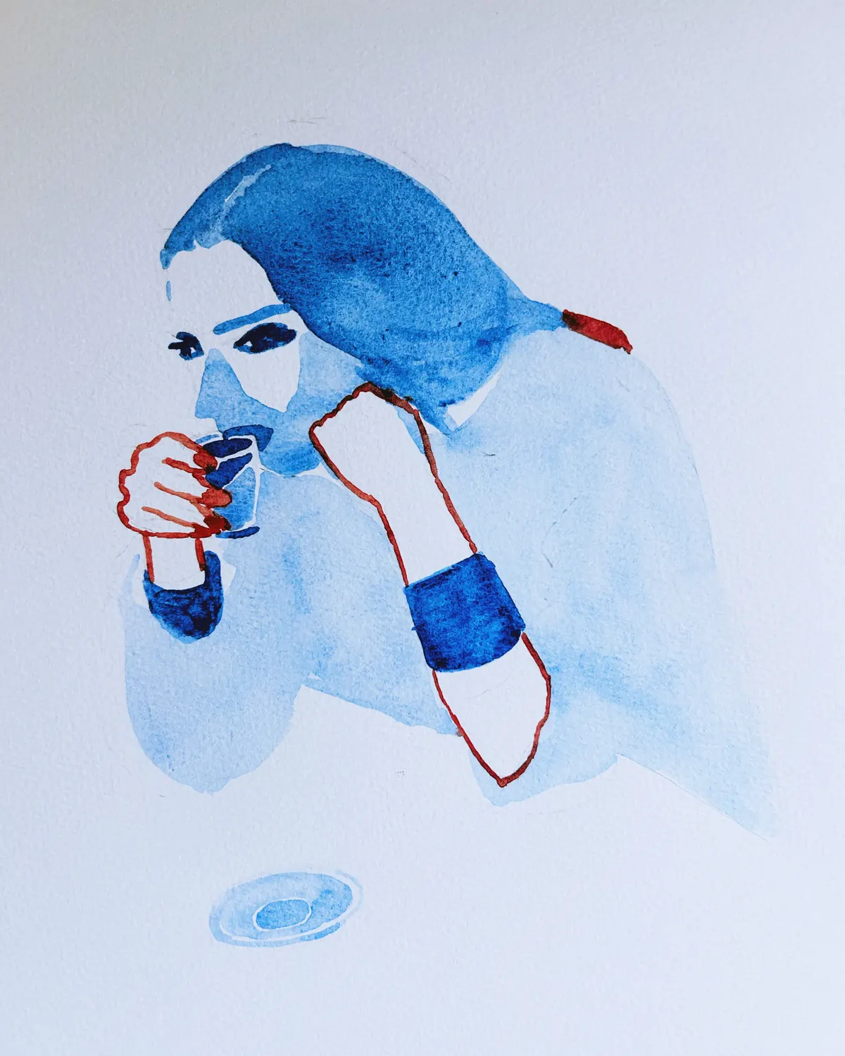 Ink and wash drawing in blue and red of a woman in a blue headscarf raising a small cup, a saucer below her.