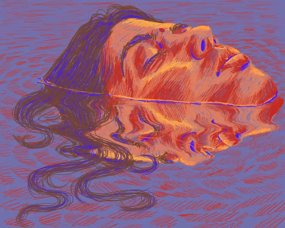 Digital portrait of a woman floating on her back in red and violet water, her hair spread out around her.