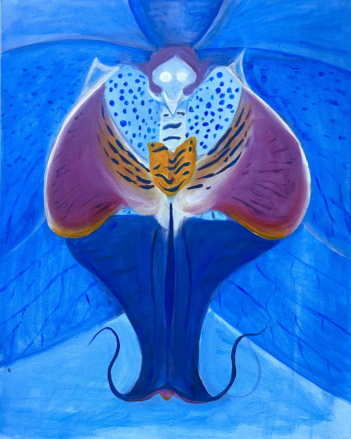 Oil painting of a blue orchid with purple petals and a dotted white lip, on a blue ground.