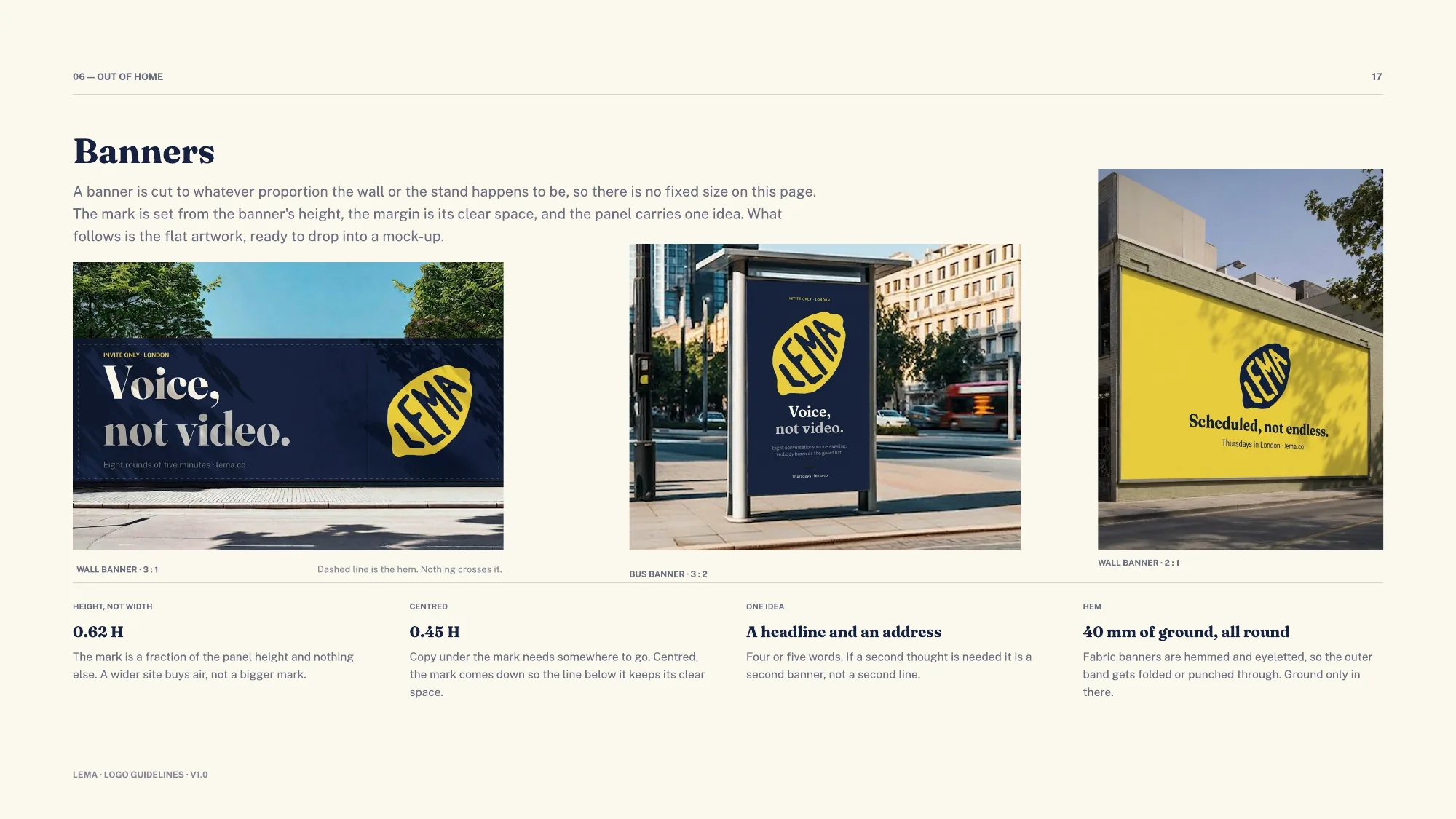 Banner mockups on a wall, a bus shelter and a hoarding, each headline one of the product's own four promises