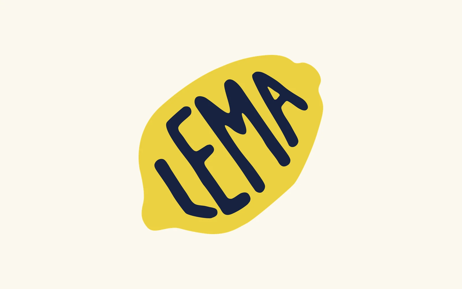 The Lema logo: the word LEMA drawn by hand inside a citron lemon, with navy lettering, on warm paper