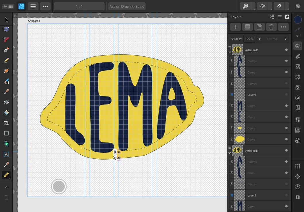 Affinity Designer: the filled lemon with a dashed inset line and the gap from the letters to the edge being measured
