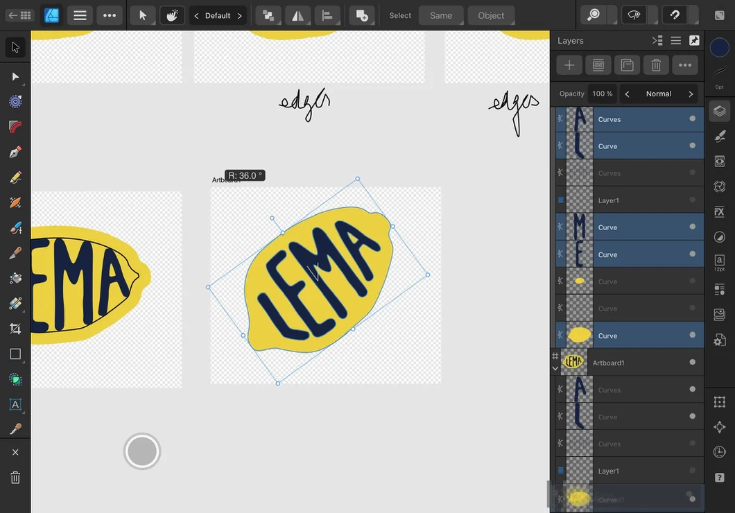 Affinity Designer: the whole mark selected and being rotated, the angle readout at 36 degrees