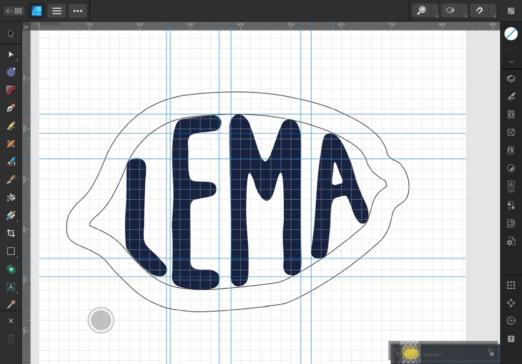Affinity Designer: the letters L, E, M and A drawn upright on a grid between guides, inside an inset of the lemon outline